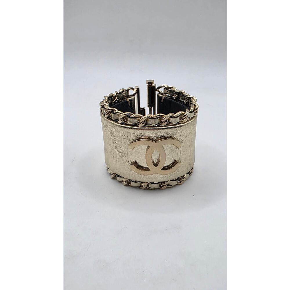 Chanel Gold-tone Leather Interlocking CC Wide Bracelet - Picture 2 of 16